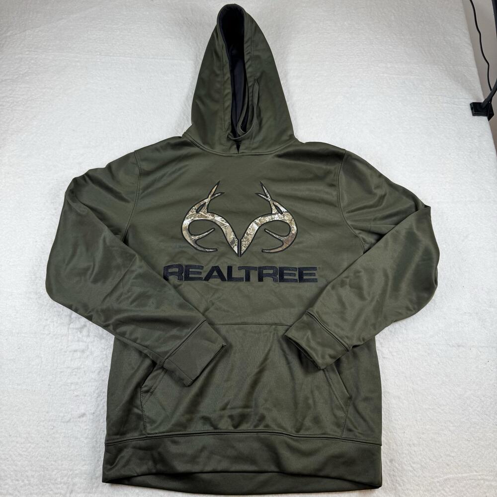 Realtree Hoodie Mens Size M Green Forest Fleece Pullover Camo Logo Hunting